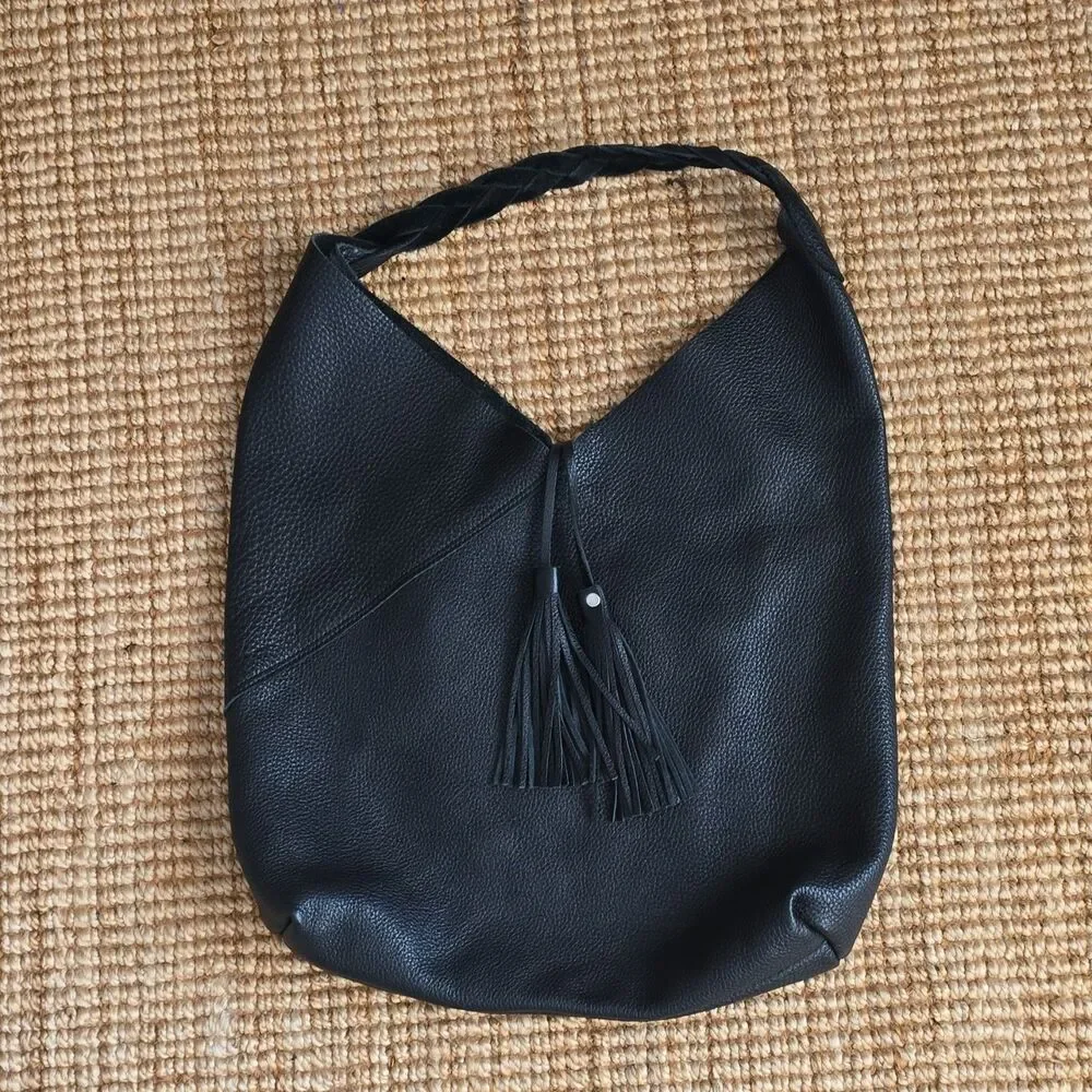 Urban Artisan Black Pebbled Hobo Bag Tassel Accent Magnetic Closure Large